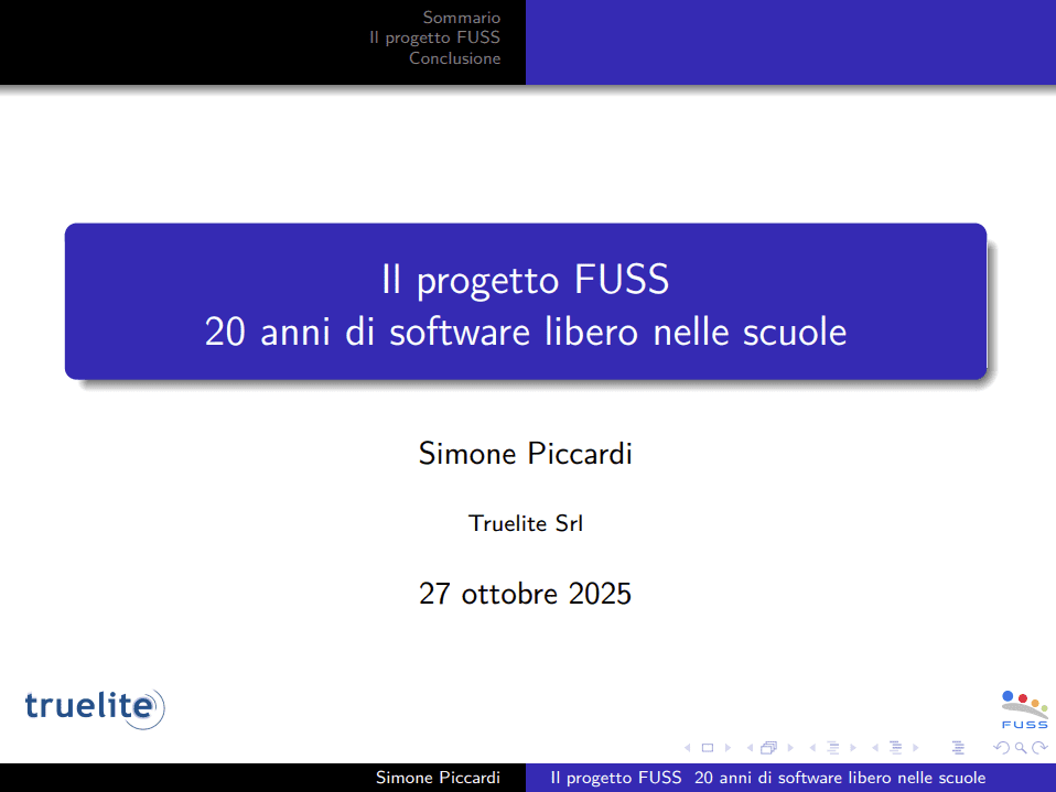 Slide dell'intervento di Simone Piccardi al Linux day 2025 Slide del talk "il progetto FUSS 20 anni di software libero nelle scuole"